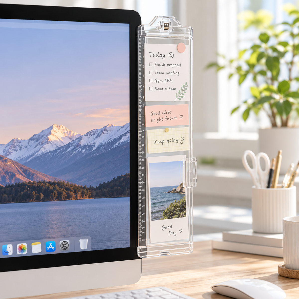 Transparent Monitor-Side Memo Board with Top Clip & Lower Ledge for Colorful Notes, Daily Priorities and Desk Reminders — 8 × 31 cm