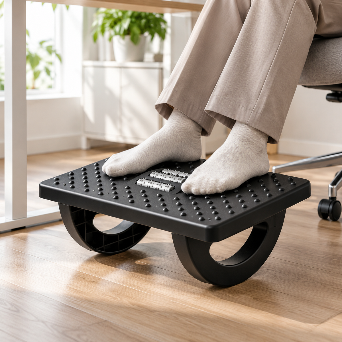 Under-Desk Office Footrest with Raised-Dot Platform & Curved Supports — Compact Black Foot Platform, 34 × 25 × 13 cm