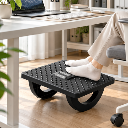 Under-Desk Office Footrest with Raised-Dot Platform & Curved Supports — Compact Black Foot Platform, 34 × 25 × 13 cm