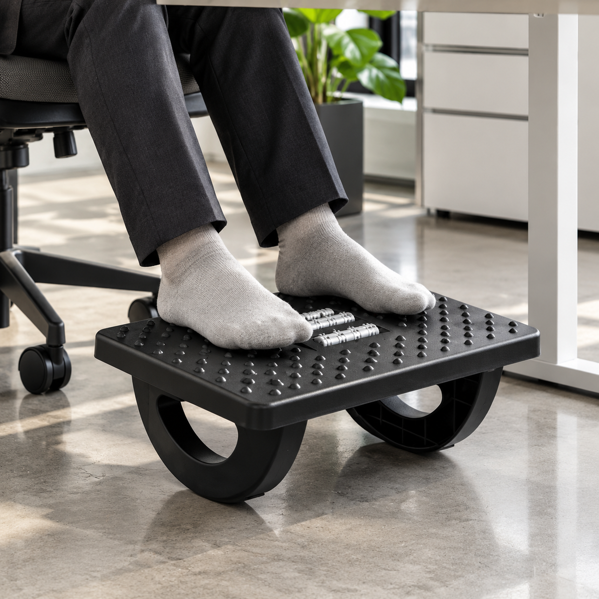 Under-Desk Office Footrest with Raised-Dot Platform & Curved Supports — Compact Black Foot Platform, 34 × 25 × 13 cm