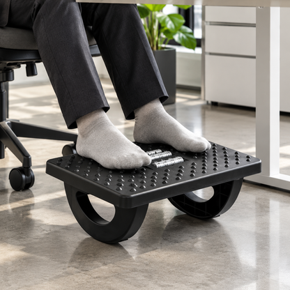 Under-Desk Office Footrest with Raised-Dot Platform & Curved Supports — Compact Black Foot Platform, 34 × 25 × 13 cm