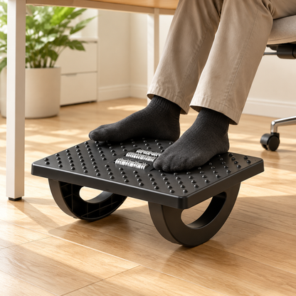 Under-Desk Office Footrest with Raised-Dot Platform & Curved Supports — Compact Black Foot Platform, 34 × 25 × 13 cm