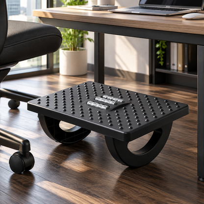 Under-Desk Office Footrest with Raised-Dot Platform & Curved Supports — Compact Black Foot Platform, 34 × 25 × 13 cm