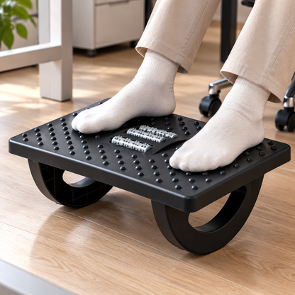 Under-Desk Office Footrest with Raised-Dot Platform & Curved Supports — Compact Black Foot Platform, 34 × 25 × 13 cm