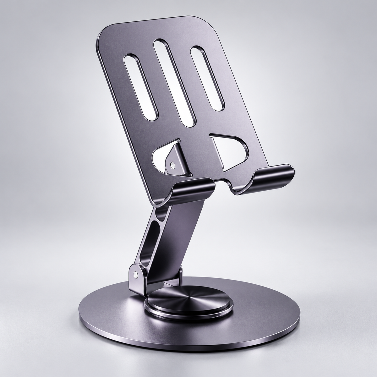 Sculpted Desktop Phone Stand with Open-Slot Backrest, Twin Support Cradle & Circular Base for Everyday Hands-Free Viewing