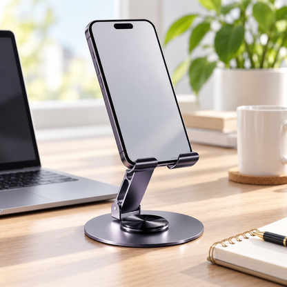 Sculpted Desktop Phone Stand with Open-Slot Backrest, Twin Support Cradle & Circular Base for Everyday Hands-Free Viewing