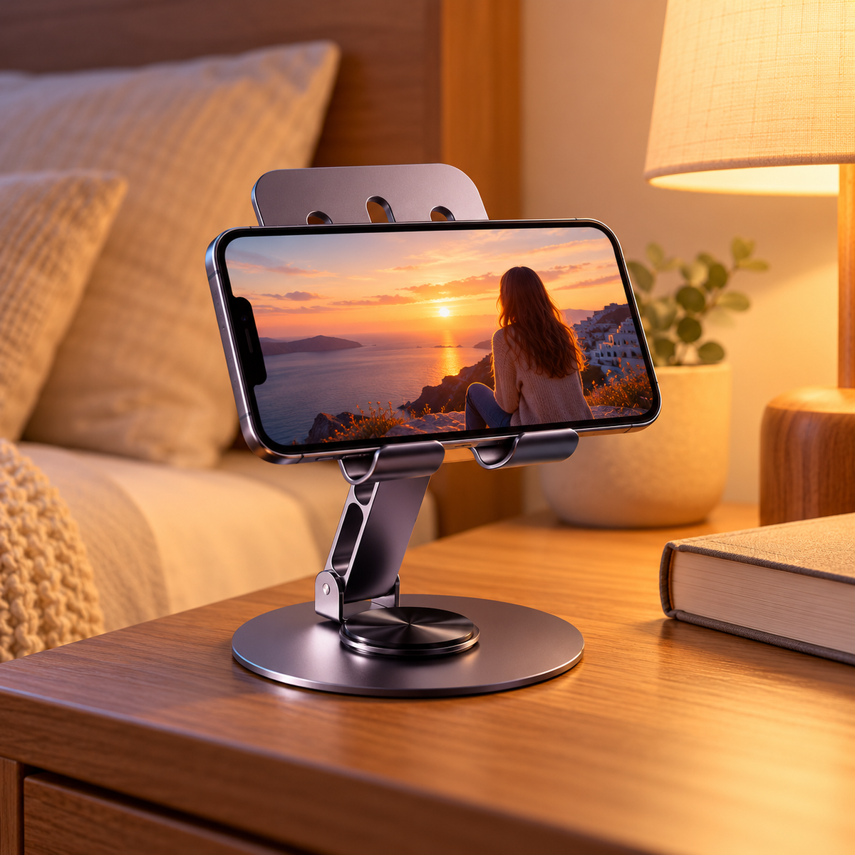 Sculpted Desktop Phone Stand with Open-Slot Backrest, Twin Support Cradle & Circular Base for Everyday Hands-Free Viewing