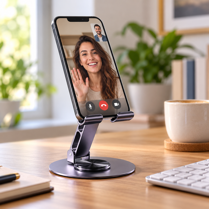 Sculpted Desktop Phone Stand with Open-Slot Backrest, Twin Support Cradle & Circular Base for Everyday Hands-Free Viewing
