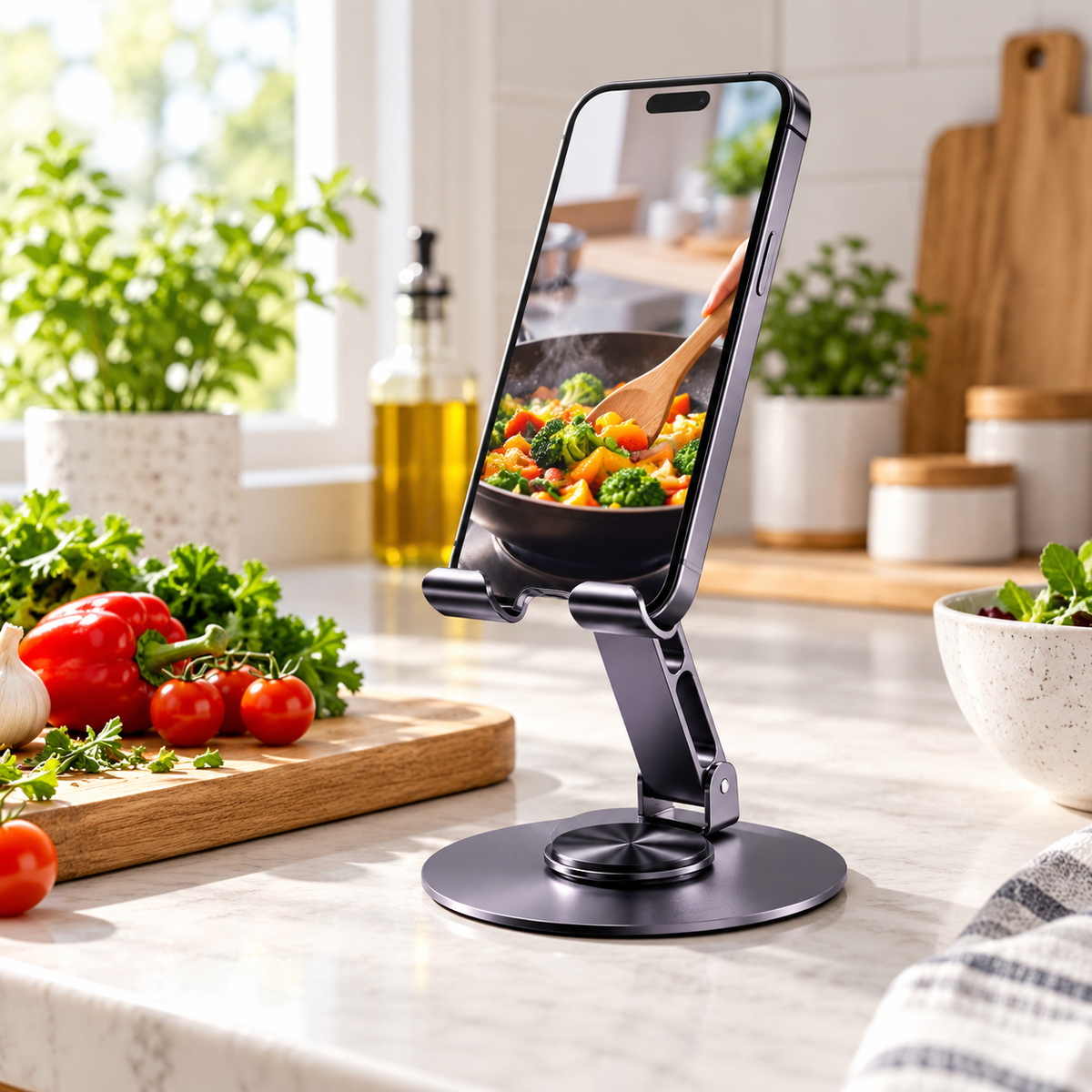 Sculpted Desktop Phone Stand with Open-Slot Backrest, Twin Support Cradle & Circular Base for Everyday Hands-Free Viewing