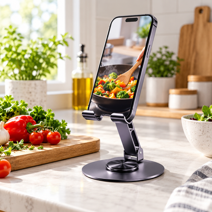 Sculpted Desktop Phone Stand with Open-Slot Backrest, Twin Support Cradle & Circular Base for Everyday Hands-Free Viewing