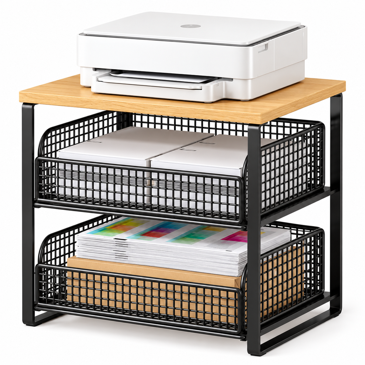 Compact Desktop Printer Storage Rack with Two Wire Baskets & Warm Wood-Look Top for an Organized Home Office