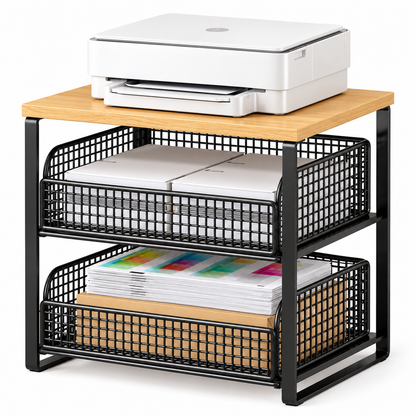 Compact Desktop Printer Storage Rack with Two Wire Baskets & Warm Wood-Look Top for an Organized Home Office