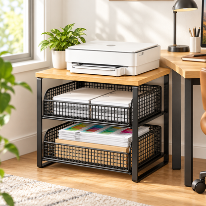 Compact Desktop Printer Storage Rack with Two Wire Baskets & Warm Wood-Look Top for an Organized Home Office