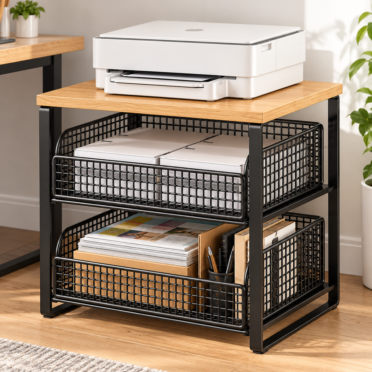Compact Desktop Printer Storage Rack with Two Wire Baskets & Warm Wood-Look Top for an Organized Home Office