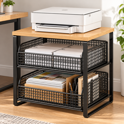 Compact Desktop Printer Storage Rack with Two Wire Baskets & Warm Wood-Look Top for an Organized Home Office