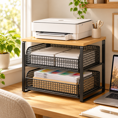 Compact Desktop Printer Storage Rack with Two Wire Baskets & Warm Wood-Look Top for an Organized Home Office