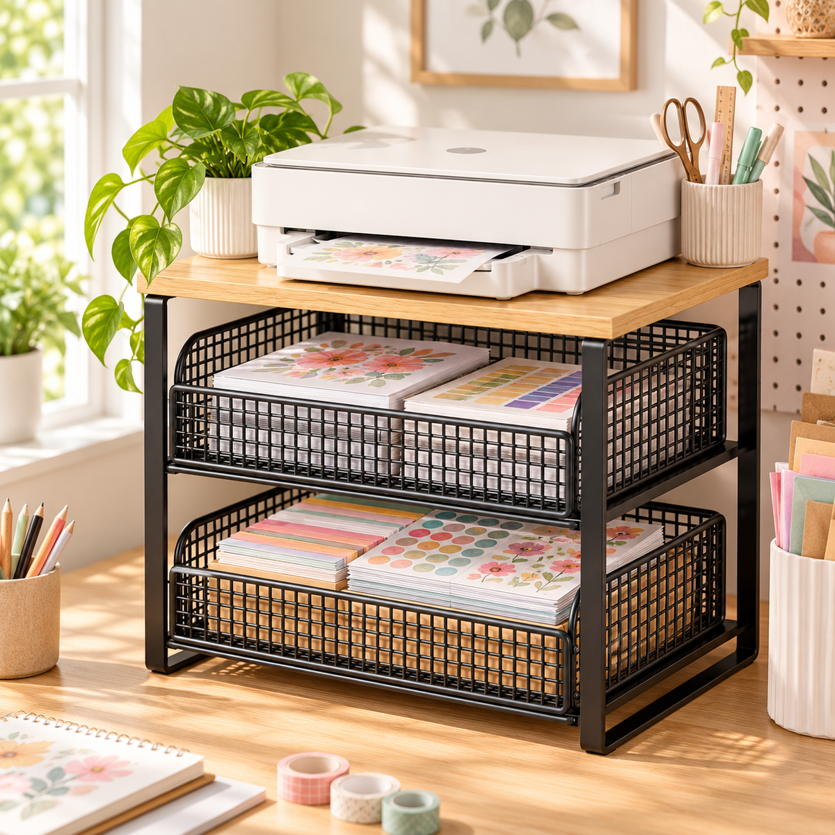 Compact Desktop Printer Storage Rack with Two Wire Baskets & Warm Wood-Look Top for an Organized Home Office