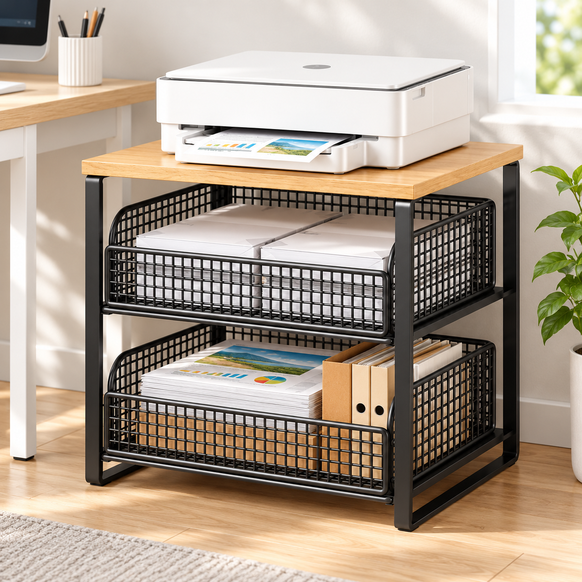 Compact Desktop Printer Storage Rack with Two Wire Baskets & Warm Wood-Look Top for an Organized Home Office