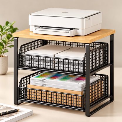 Compact Desktop Printer Storage Rack with Two Wire Baskets & Warm Wood-Look Top for an Organized Home Office
