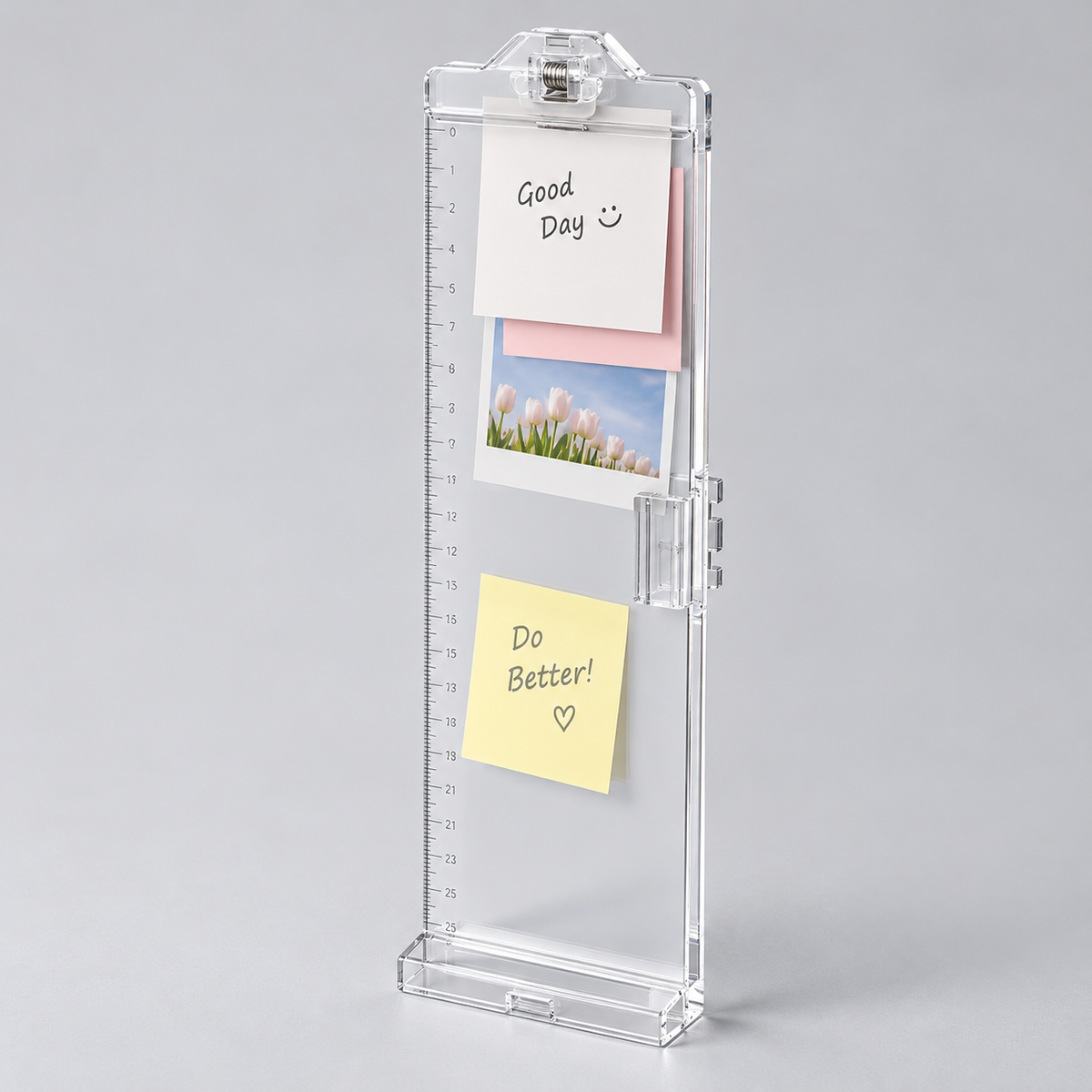 Transparent Monitor-Side Memo Board with Top Clip & Lower Ledge for Colorful Notes, Daily Priorities and Desk Reminders — 8 × 31 cm