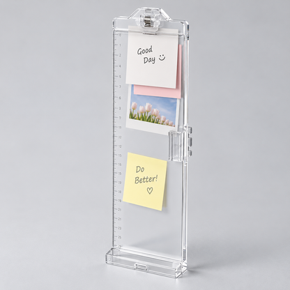 Transparent Monitor-Side Memo Board with Top Clip & Lower Ledge for Colorful Notes, Daily Priorities and Desk Reminders — 8 × 31 cm