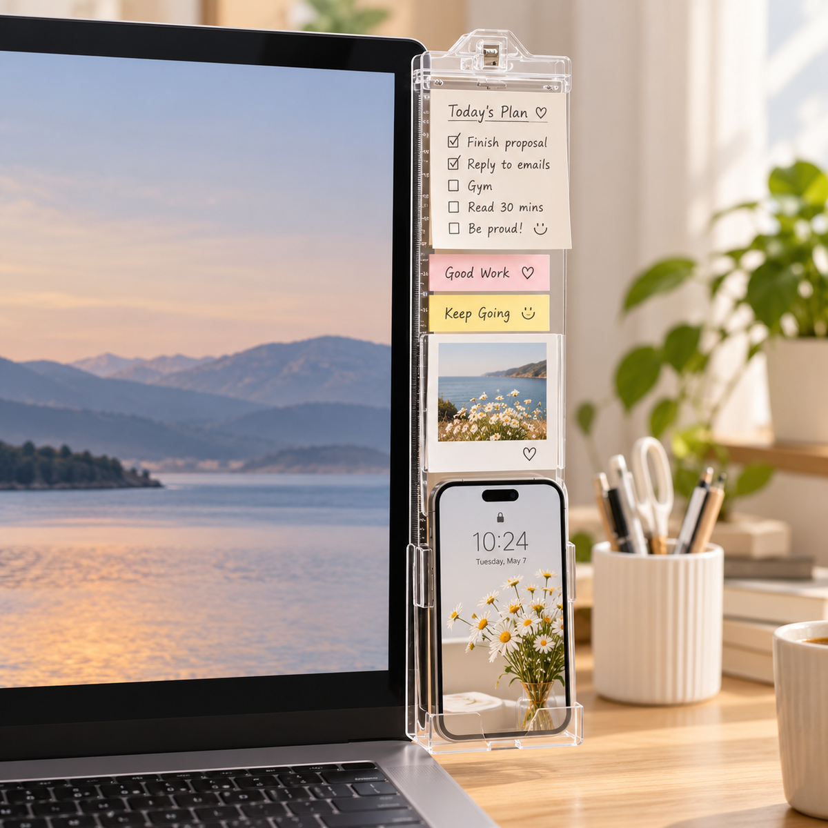 Transparent Monitor-Side Memo Board with Top Clip & Lower Ledge for Colorful Notes, Daily Priorities and Desk Reminders — 8 × 31 cm