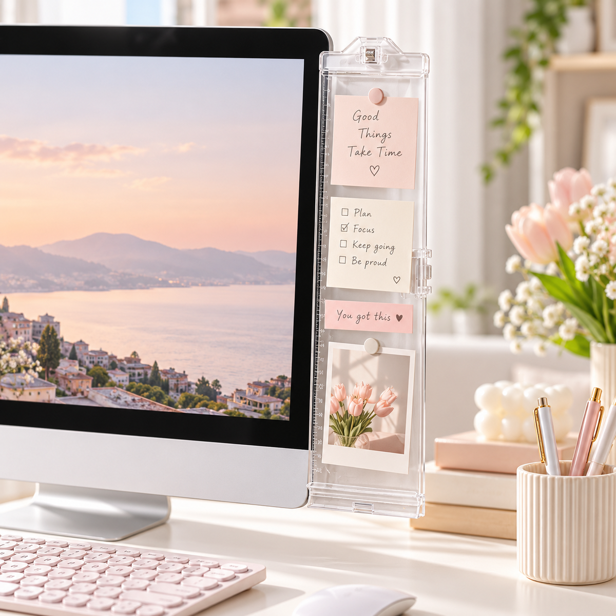 Transparent Monitor-Side Memo Board with Top Clip & Lower Ledge for Colorful Notes, Daily Priorities and Desk Reminders — 8 × 31 cm