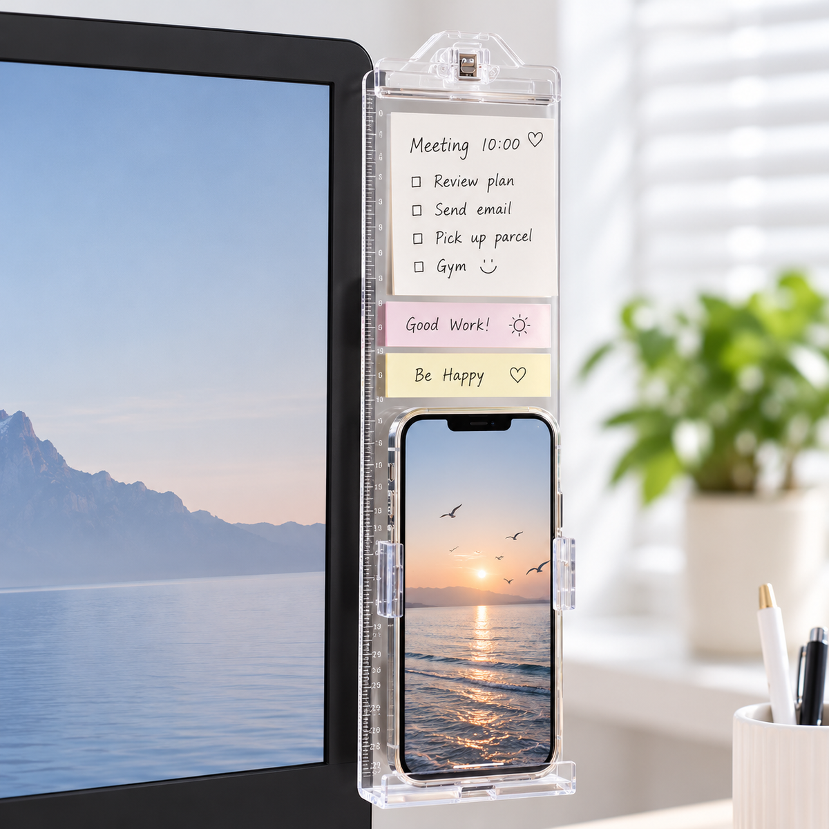 Transparent Monitor-Side Memo Board with Top Clip & Lower Ledge for Colorful Notes, Daily Priorities and Desk Reminders — 8 × 31 cm