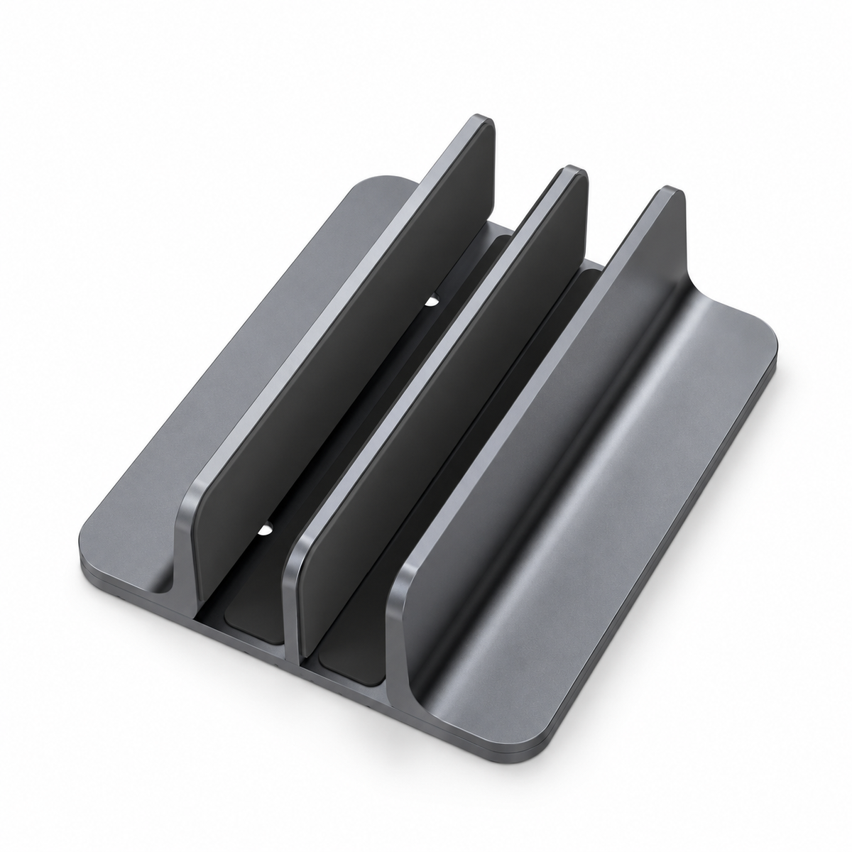 Dual-Slot Vertical Laptop Stand with Graphite-Gray Finish & Rounded Base for Organized Closed-Laptop Storage