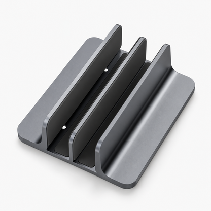 Dual-Slot Vertical Laptop Stand with Graphite-Gray Finish & Rounded Base for Organized Closed-Laptop Storage