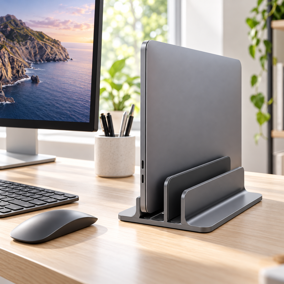 Dual-Slot Vertical Laptop Stand with Graphite-Gray Finish & Rounded Base for Organized Closed-Laptop Storage