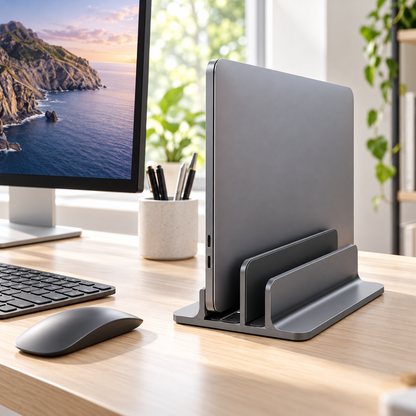 Dual-Slot Vertical Laptop Stand with Graphite-Gray Finish & Rounded Base for Organized Closed-Laptop Storage