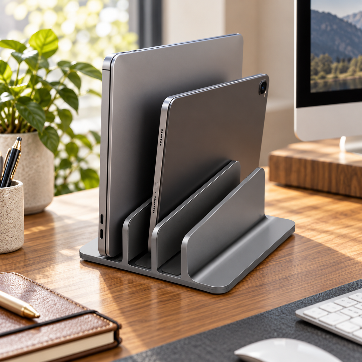 Dual-Slot Vertical Laptop Stand with Graphite-Gray Finish & Rounded Base for Organized Closed-Laptop Storage