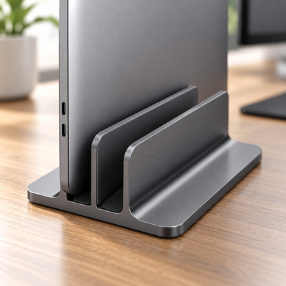 Dual-Slot Vertical Laptop Stand with Graphite-Gray Finish & Rounded Base for Organized Closed-Laptop Storage