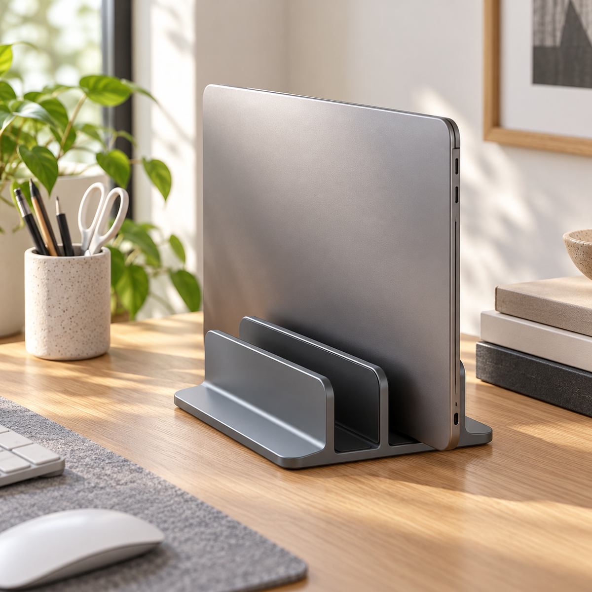 Dual-Slot Vertical Laptop Stand with Graphite-Gray Finish & Rounded Base for Organized Closed-Laptop Storage