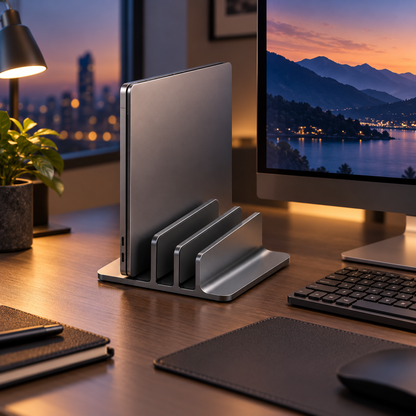 Dual-Slot Vertical Laptop Stand with Graphite-Gray Finish & Rounded Base for Organized Closed-Laptop Storage