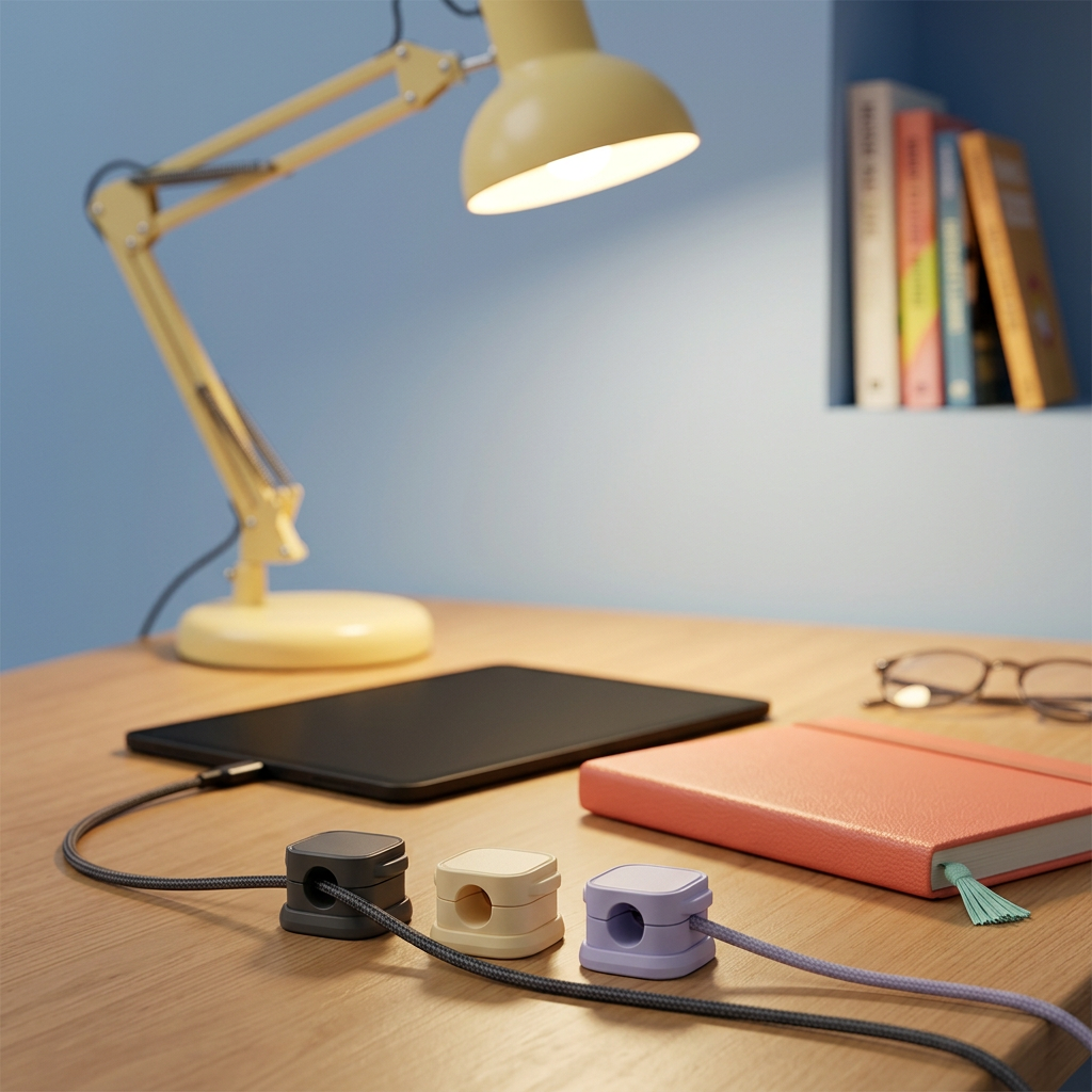 Cable clip styling on an evening reading desk with a yellow lamp