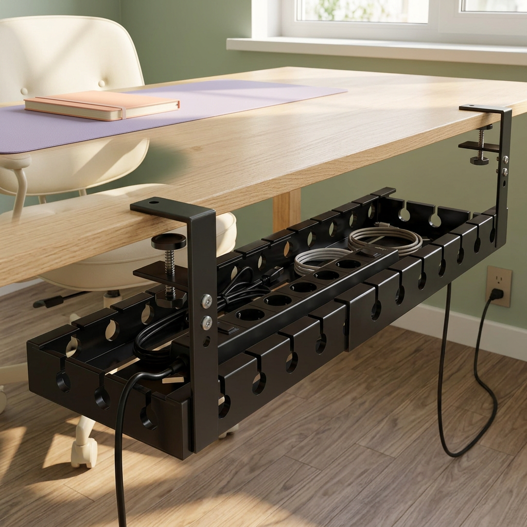 Cable organizer in a sunlit cream and sage home office