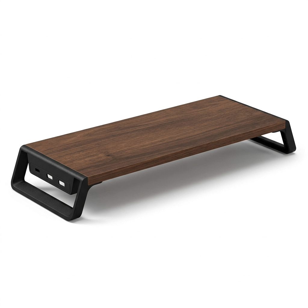 Dark wood-grain monitor riser with black angled supports on a white background
