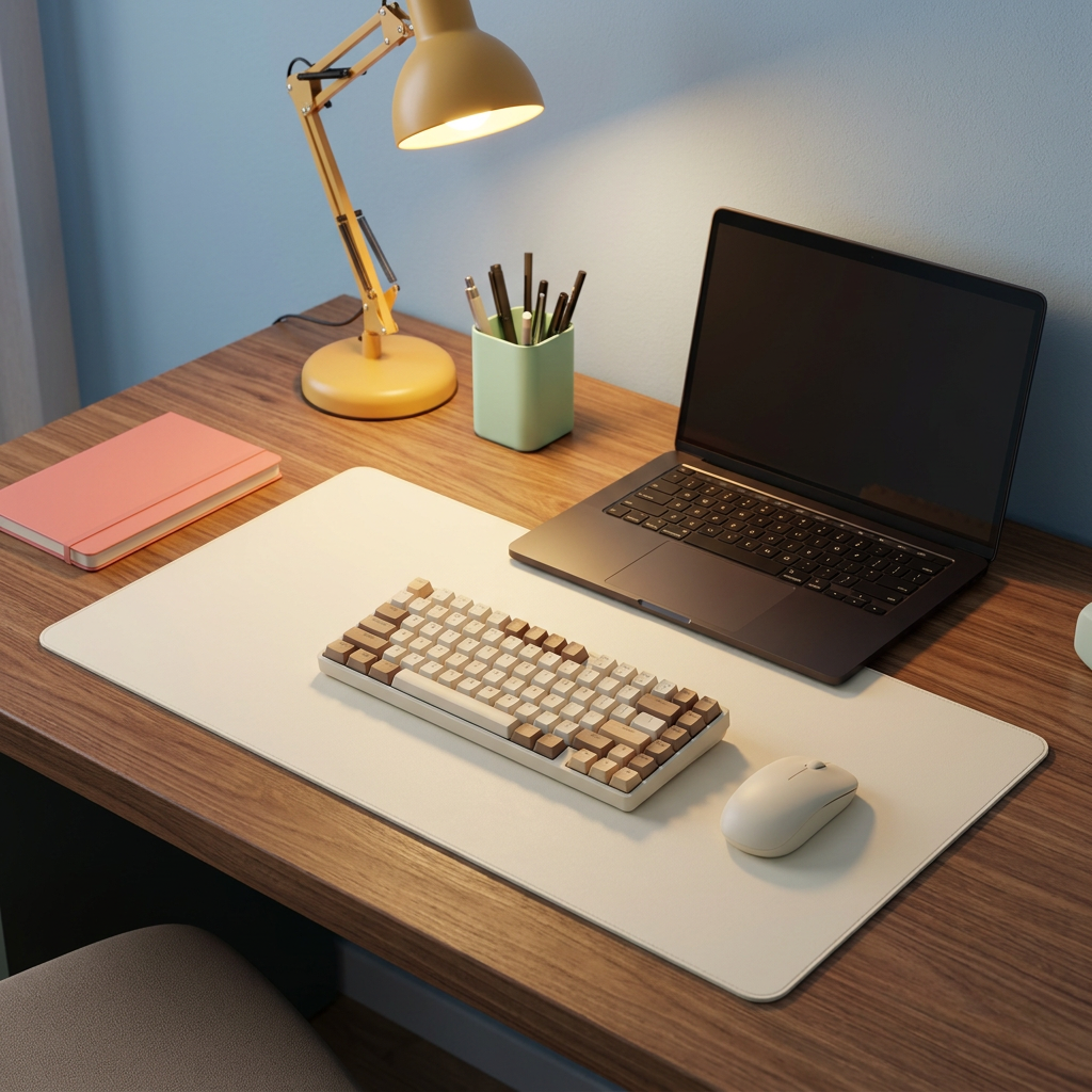 Cream desk mat in an evening workspace with blue wall and yellow lamp