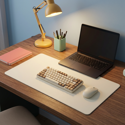 Cream desk mat in an evening workspace with blue wall and yellow lamp