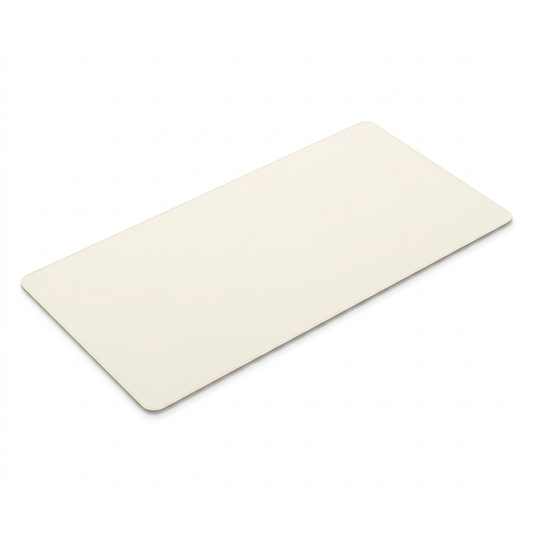 Single cream rounded-rectangle desk mat on a white background