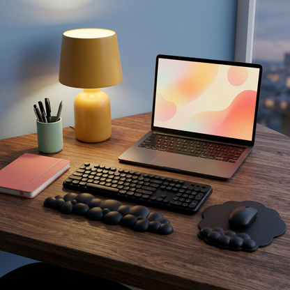 Black cloud wrist rest and flower mouse pad in an evening creative workspace