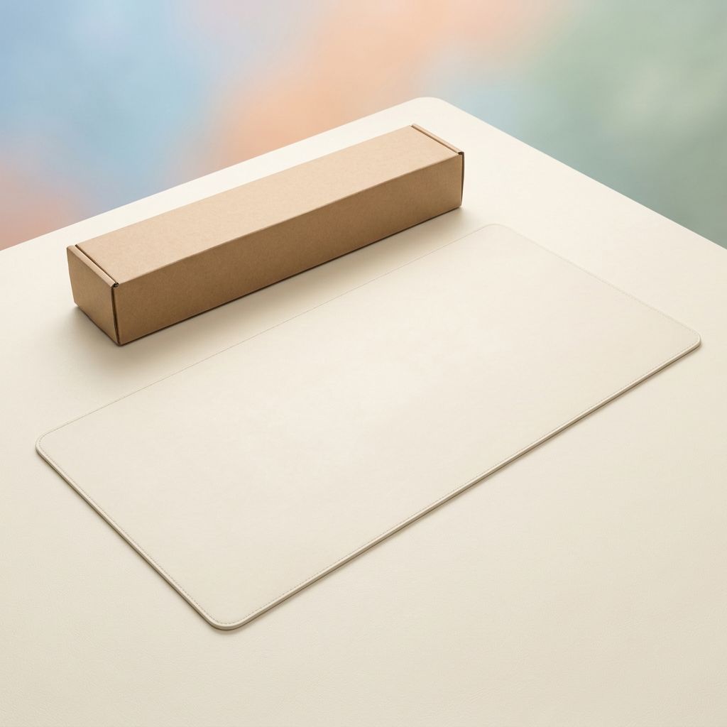 One cream desk mat with a plain unbranded kraft packaging concept