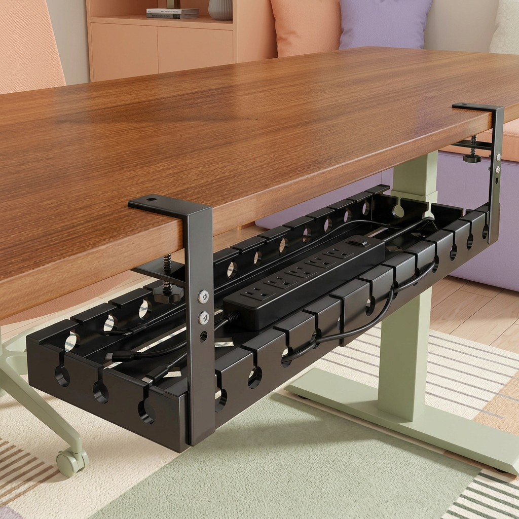 Black tray mounted beneath a wood desk with example cables and power strip