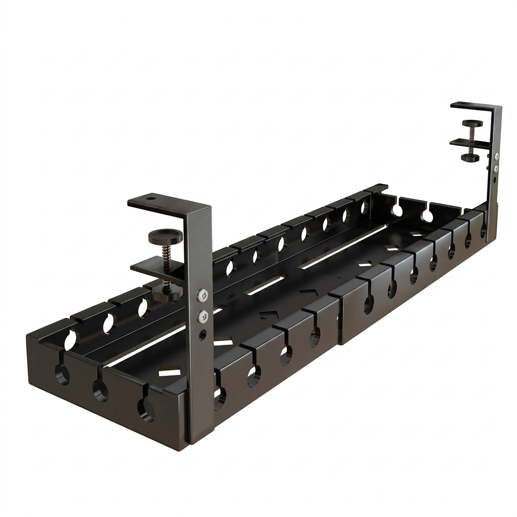Black cable management tray with dual desk-edge clamps on a white background