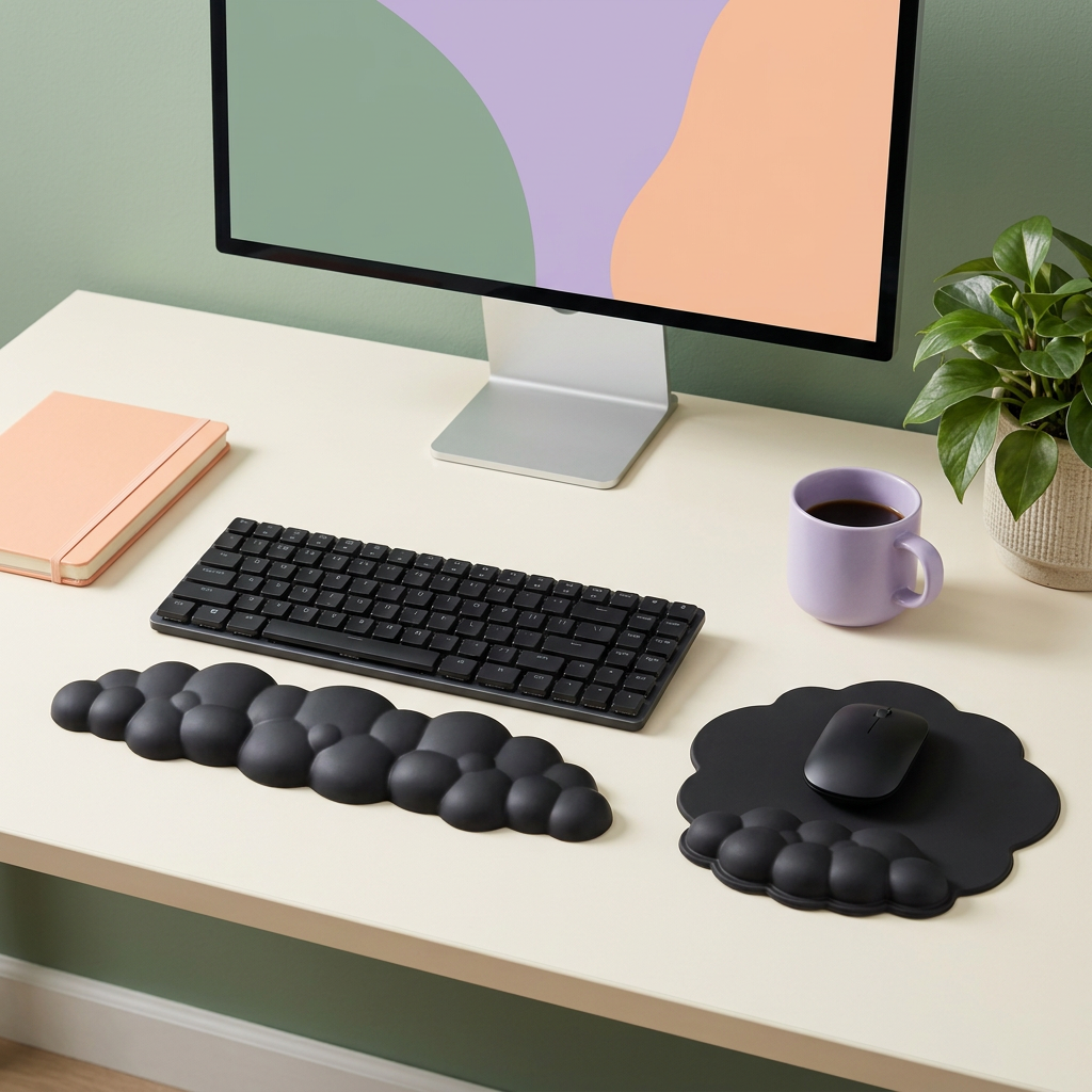 Black wrist rest set on a bright cream desk with sage and lavender accents