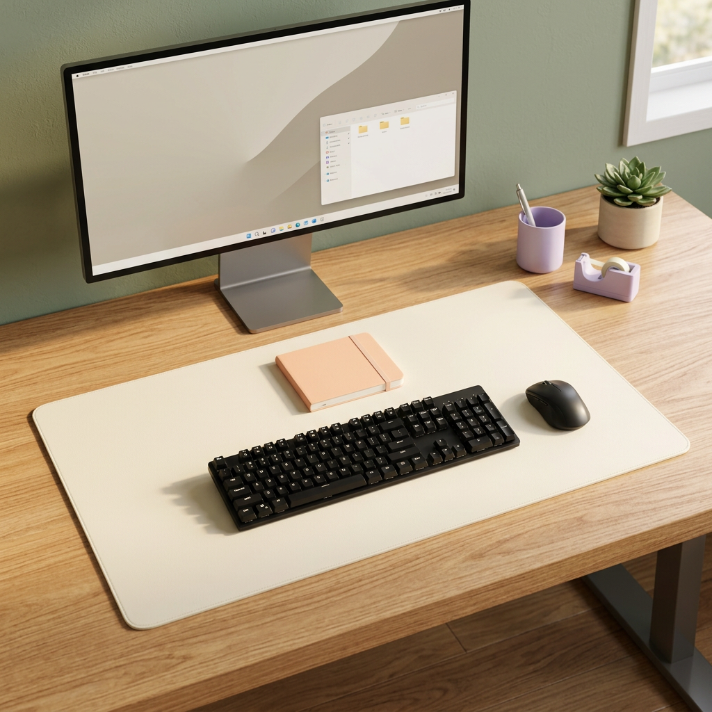 Cream desk mat in a sunny sage-toned home office