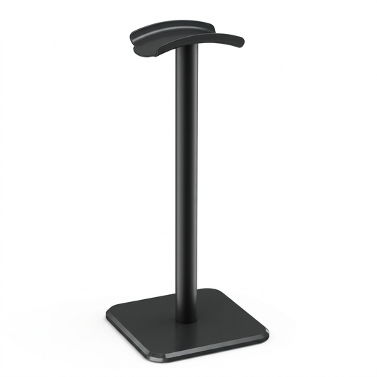Black desktop headphone stand with curved top cradle and rounded-square base on white