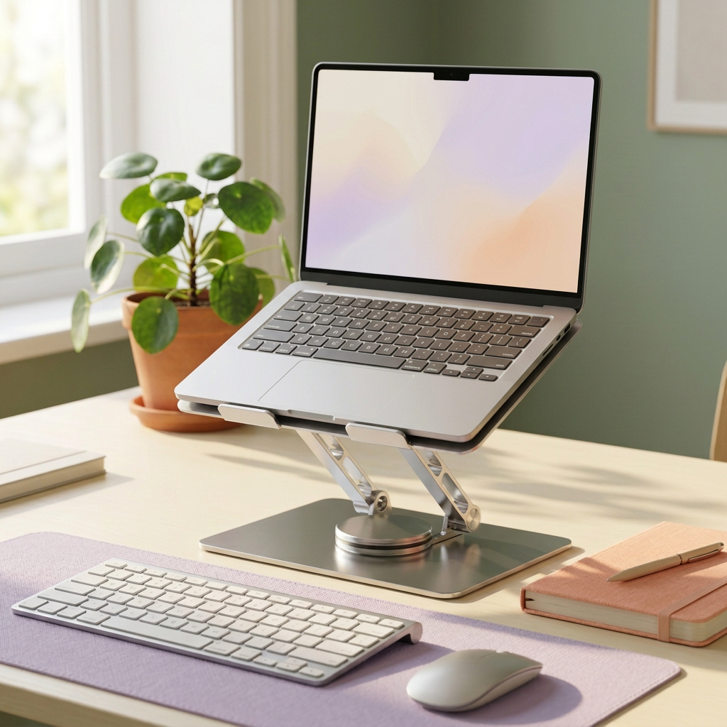 Open laptop on silver stand in a sunlit sage and lavender home office